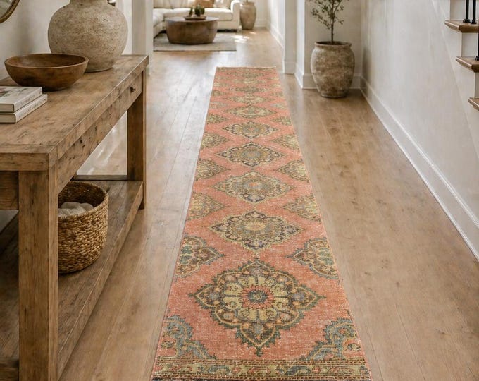 3x23 Vintage Turkish Runner Rug, Handmade Wool Anatolian Extra Long Hallway Carpet