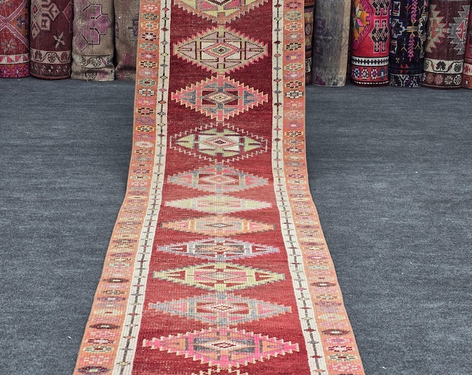 3x12 Vintage Turkish Runner Rug, Red Geometric Tribal, Hand-Knotted Wool Anatolian