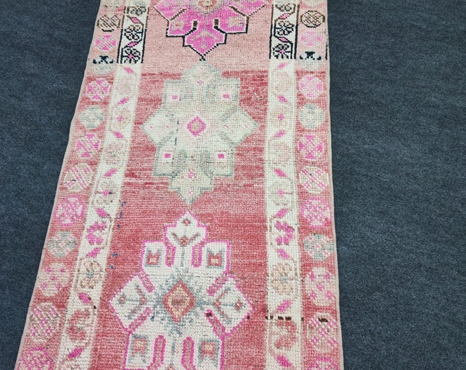 Vintage Turkish Herki Wool Runner Rug, Faded Pink Geometric Extra Long Design (2'6" x 24'5")