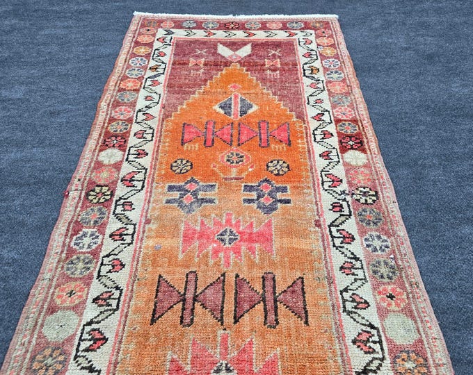 3x9 Vintage Turkish Wool Runner, Orange Red Geometric Anatolian Hallway Rug 3' x 9'4"