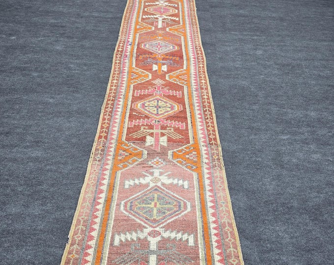 3x16 Vintage Turkish Oushak Wool Runner Rug, Rust Red Geometric Extra Long Hallway Carpet