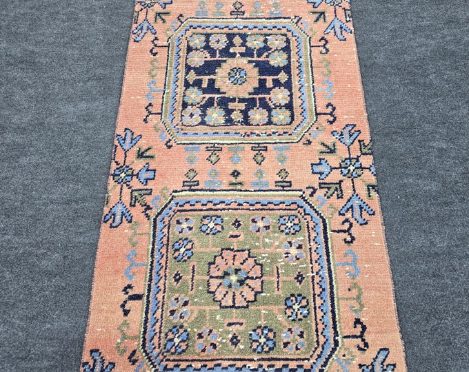 3x25 Vintage Turkish Oushak Runner Rug, Peach Orange Blue Extra Long Wool Hallway Rug