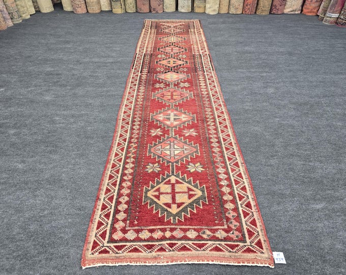 3x12 Vintage Turkish Wool Runner Rug, Red Geometric Tribal Hallway Carpet (2'11" x 12'2")