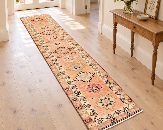 3x12 Vintage Turkish Wool Runner Rug, Peach Pink Geometric Medallions, Handmade Hallway Carpet