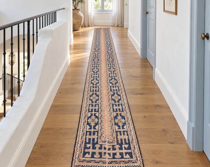 2x20 Vintage Turkish Herki Runner Rug, Handmade Wool Blue Peach Extra Long Hallway Runner