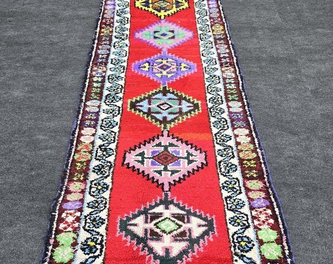 3x11 Vintage Turkish Oushak Wool Runner, Handmade Wool Red Geometric Hallway Rug 2'11" x 11'2"