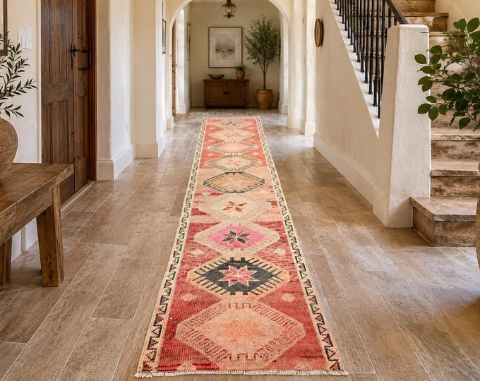 3x11 Vintage Turkish Oushak Runner Rug, Handmade Wool, Coral Pink Geometric, 2'6" x 11'4"