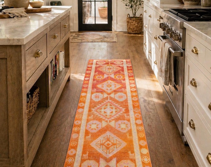 3x9 Vintage Turkish Runner Rug, Handmade Wool Orange Geometric Kitchen Rug