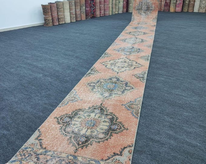 3x24 Vintage Turkish Herki Runner Rug, Peach Blue Floral Medallion Wool Carpet for Hallways
