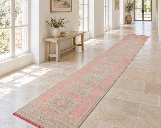 3x20 Vintage Turkish Oushak Runner Rug, Handmade Wool Pink Beige Extra Long Hallway Runner