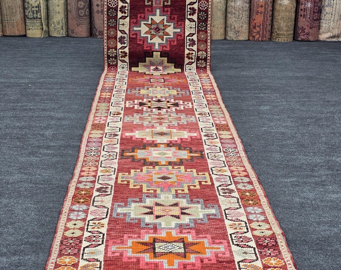 3x15 Vintage Turkish Runner Rug, Handmade Wool Anatolian Hallway Carpet, Extra Long Geometric Decor