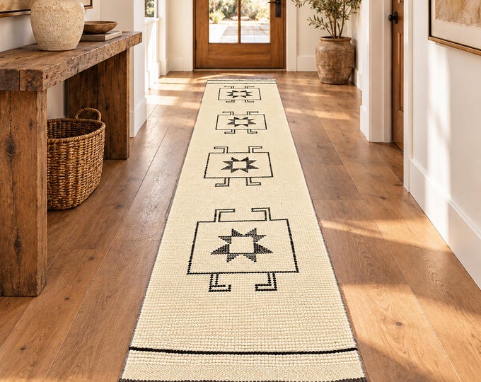 2x11 Vintage Turkish Runner Rug, Cream and Black Geometric Hallway Rug, Minimalist Entryway Decor