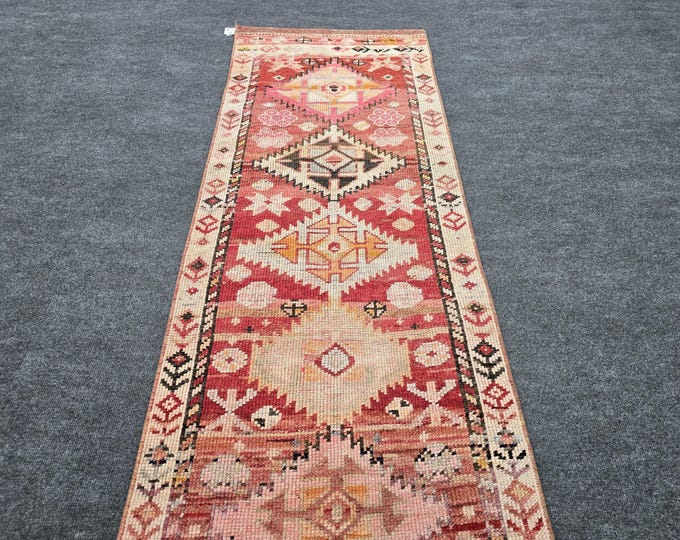 2x14 Vintage Turkish Runner Rug, Faded Pink Handmade Wool Anatolian Hallway Rug (2'3" × 13'11")