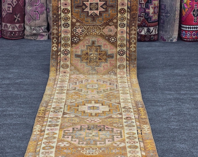 3x10 Vintage Turkish Runner Rug, Brown Pink Geometric, Hand-Knotted Wool Medallion