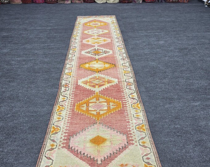 3x11 Vintage Turkish Runner Rug, Dusty Pink Wool Geometric Hallway Rug