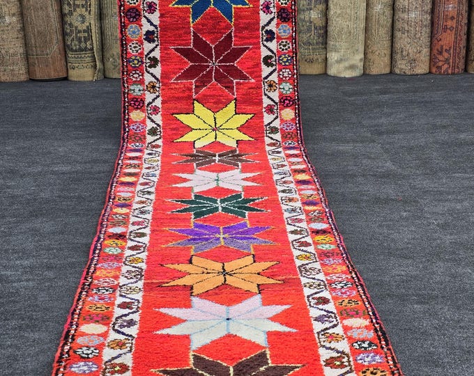 3x12 Vintage Turkish Wool Runner Rug, Red Multicolor Star Motifs (2'8" x 11'8")