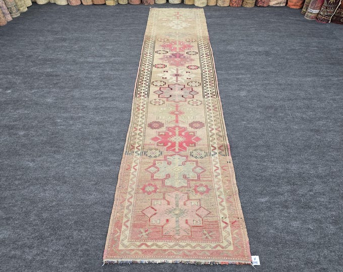 3x13 Vintage Turkish Oushak Runner Rug, Blush Pink Beige Wool Hallway Rug