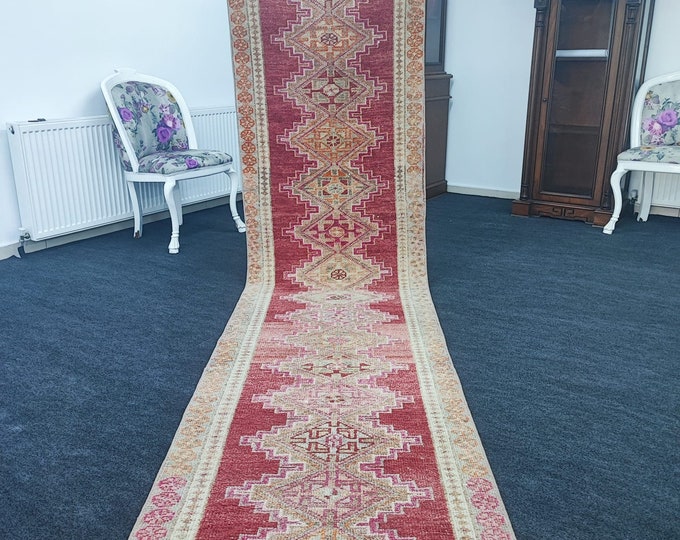 3x12 Vintage Turkish Runner Rug, Red and Ivory Geometric Hallway Rug 2'7" x 11'8"