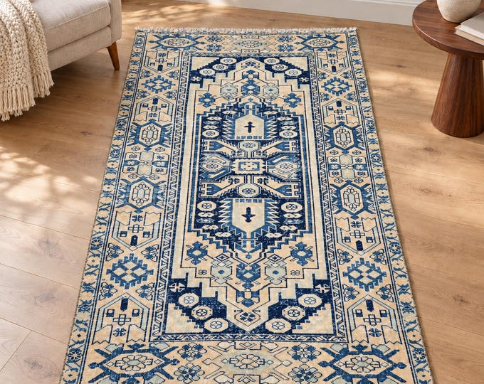 Vintage Turkish Oushak Rug, Navy Blue Beige Geometric Medallion, Handmade Wool 3'11" x 6'2"