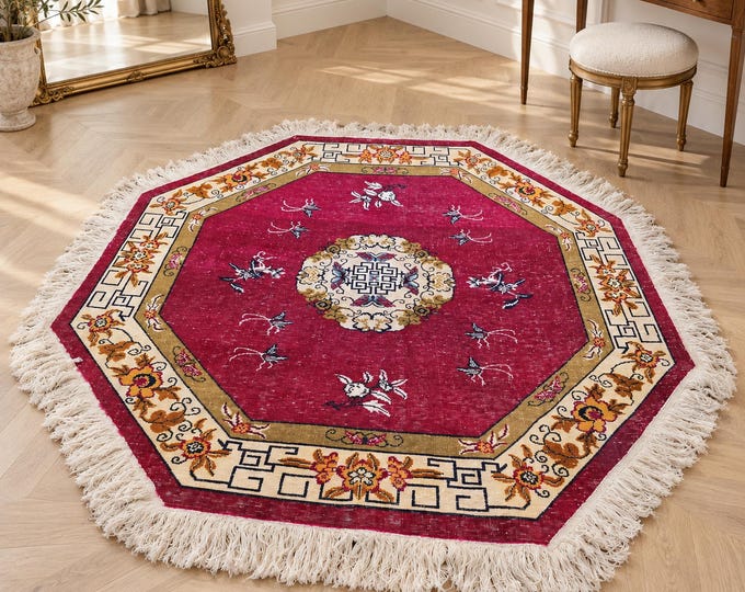 6 Ft Vintage Turkish Wool Octagon Rug, Red Floral Medallion, Handmade Anatolian Decor