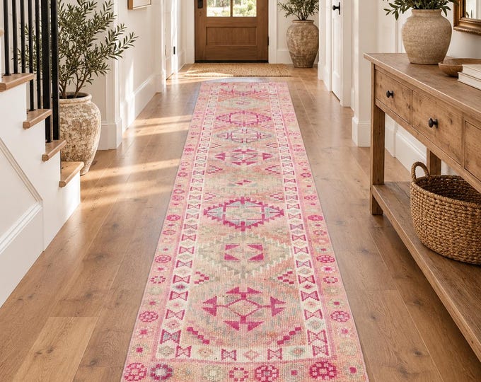 Vintage Turkish Runner Rug 3x12, Handmade Pink Fuchsia Wool Anatolian Carpet