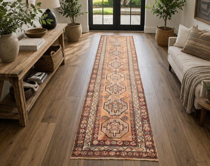3x11 Vintage Turkish Runner Rug, Handmade Wool Geometric Hallway Carpet, Neutral Boho Decor