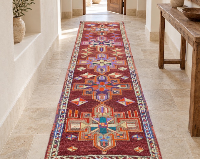 2x10 Vintage Turkish Anatolian Runner Rug, Red Blue Tribal Wool Hallway Rug, Home Decor