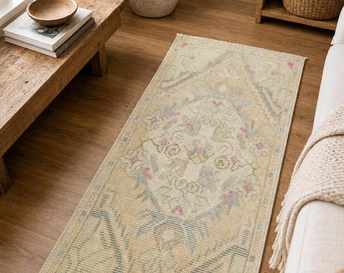 2x4 Ft Vintage Turkish Oushak Rug | Handmade Wool Accent Rug | Neutral Beige Boho Carpet