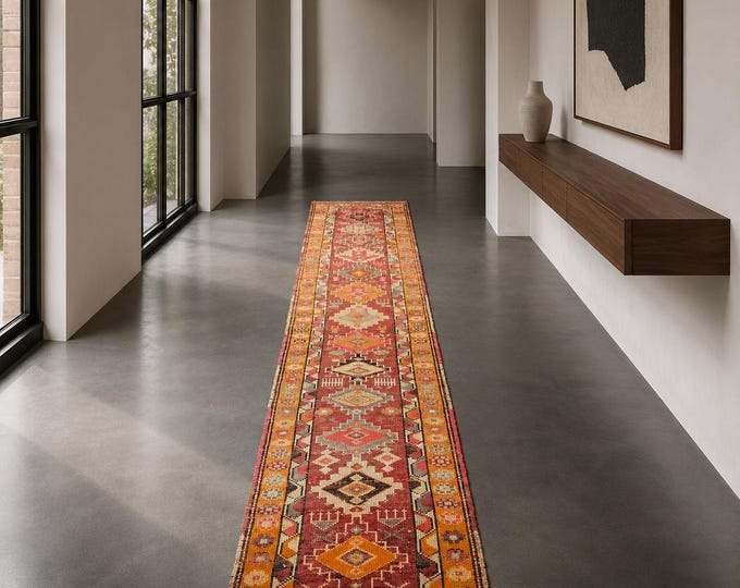 2x11 Vintage Turkish Runner Rug, Distressed Anatolian Wool, Rust Orange Geometric Hallway Decor