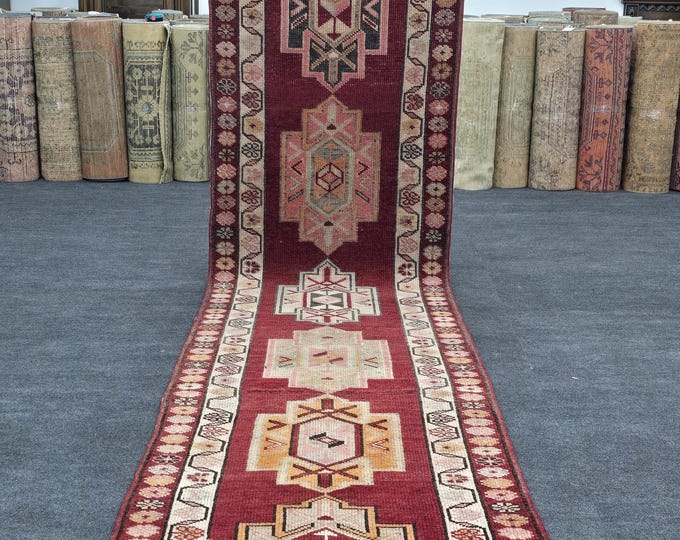 3x12 Vintage Turkish Oushak Wool Runner Rug, Burgundy Red Geometric Hallway Carpet (2'9" x 12'4")