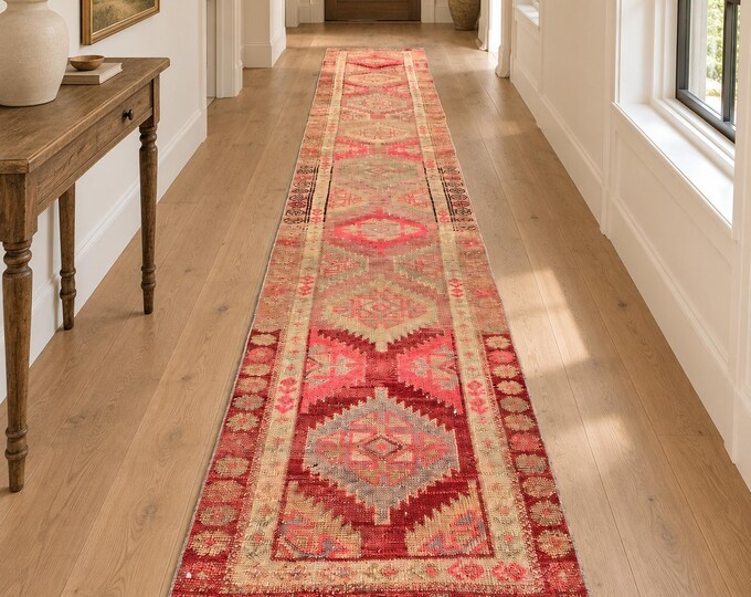 3x14 Vintage Turkish Runner Rug, Faded Red and Beige Wool, Geometric Hallway Runner