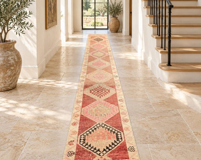 2x14 Vintage Turkish Oushak Runner Rug, Handmade Wool Pink Red Geometric Hallway Runner