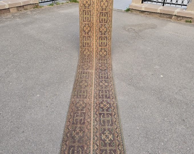2x12 Vintage Turkish Runner Rug, Olive Brown Handmade Wool Tribal Hallway Rug