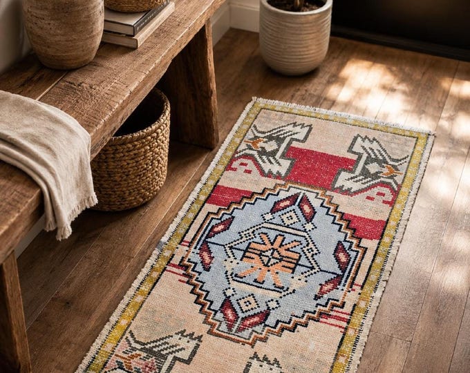 2x3 Vintage Turkish Oushak Rug, Colorful Wool Small Entryway Accent Rug