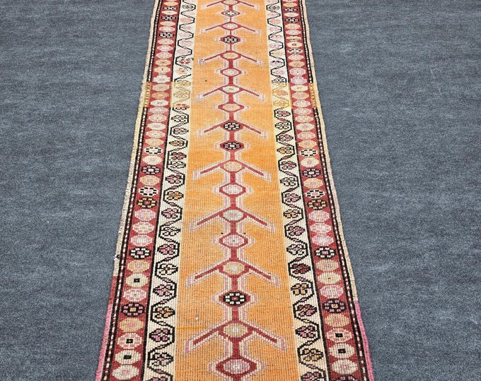 3x12 Vintage Turkish Wool Runner Rug, Burnt Orange Geometric Hallway Rug (2'9" x 12')