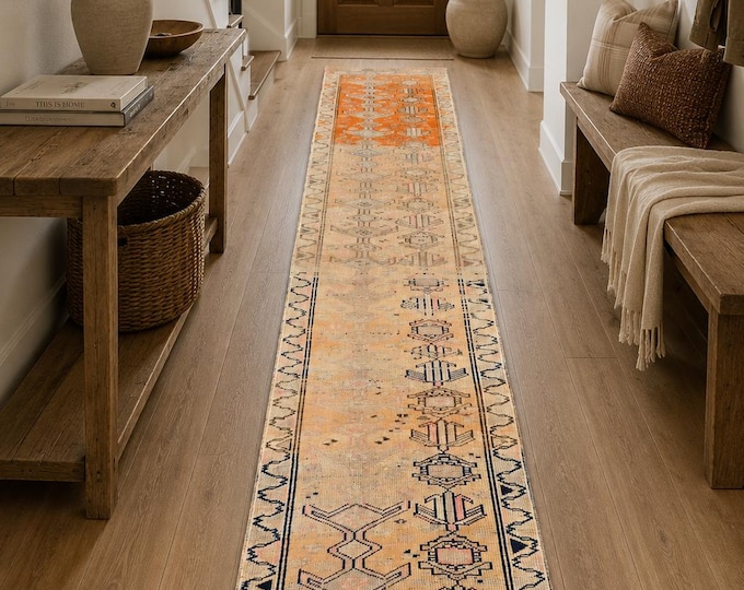3x14 Vintage Turkish Runner Rug, Extra Long Handmade Wool Neutral Anatolian Hallway Runner