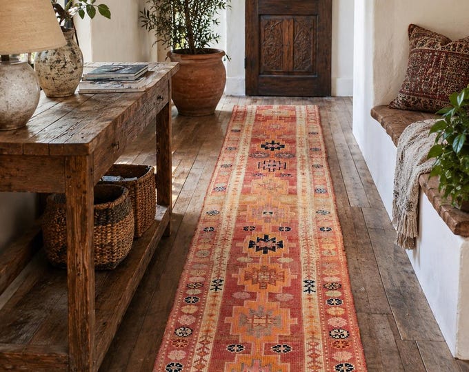 3x12 Vintage Turkish Oushak Runner Rug, Handmade Wool Pink Tribal Anatolian Hallway Carpet
