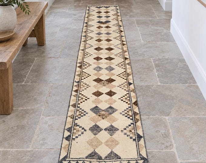 2x11 Vintage Turkish Herki Wool Runner Rug, Cream Brown Geometric Hallway Design (2'5" x 10'6")