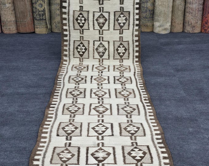 3x11 Vintage Turkish Kilim Wool Runner, Ivory Brown Geometric Hallway Rug (2'9" x 10'6")