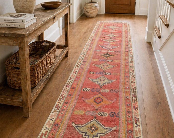 3x13 Vintage Turkish Runner Rug, Handwoven Wool Anatolian Geometric Hallway Carpet