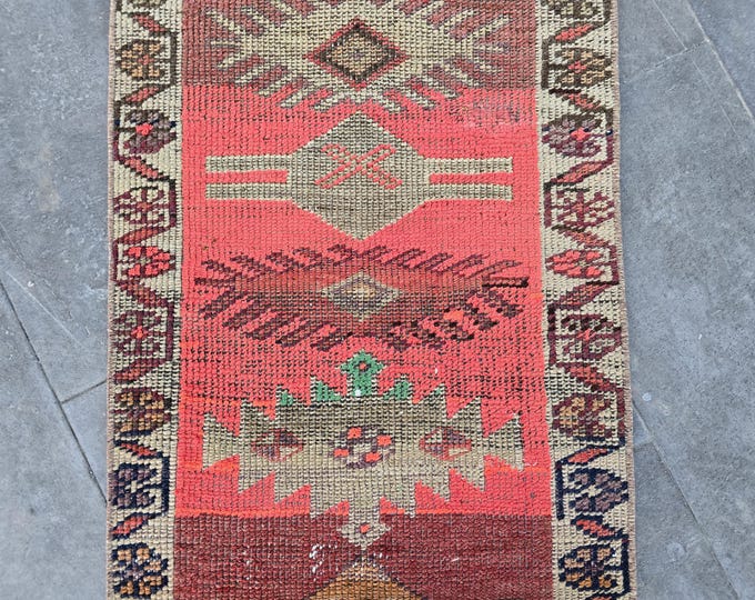 2x11 Vintage Turkish Wool Runner Rug, Faded Red Pink Tribal Anatolian Hallway Carpet