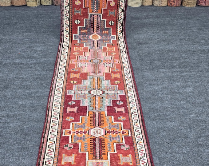 3x13 Vintage Turkish Oushak Runner, Rust Red Geometric Wool Hallway Rug (2'10" x 12'6")