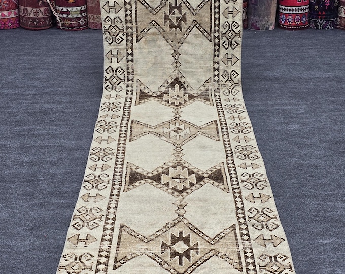 3x12 Vintage Turkish Wool Runner Rug, Neutral Cream Brown Geometric Tribal Hallway Carpet