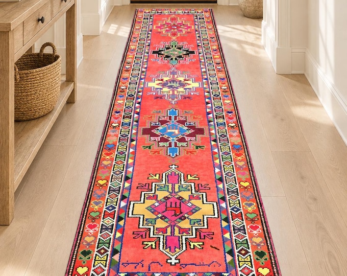 3x12 Vintage Turkish Runner Rug, Handmade Wool Coral Geometric Tribal Hallway Carpet 2'9" × 11'8"