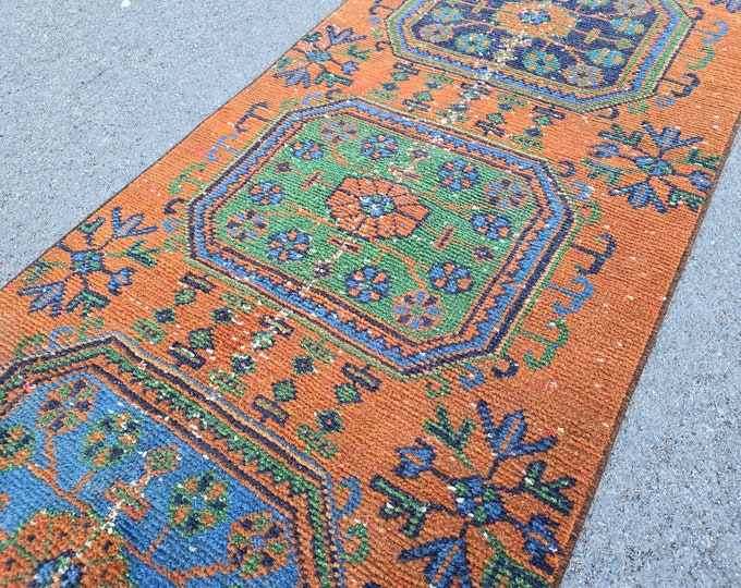 3x21 Vintage Turkish Oushak Runner Rug, Handmade Wool Orange Blue Extra Long Hallway Rug