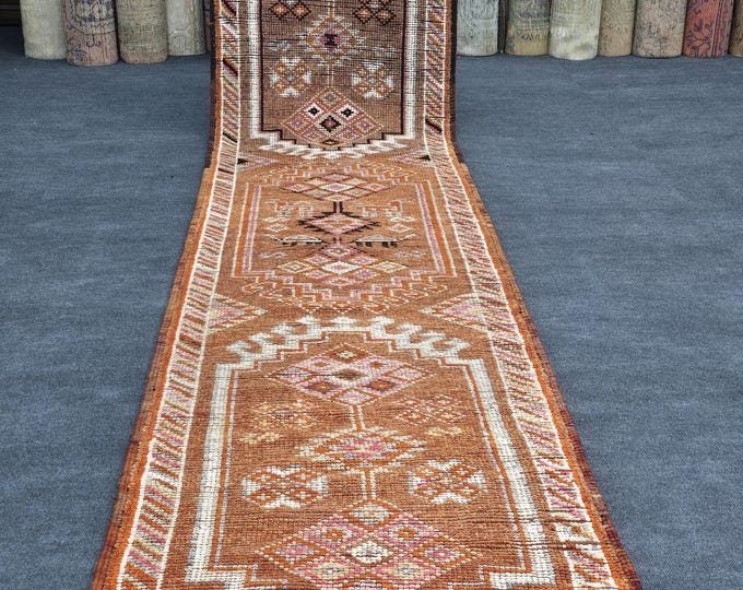 3x13 Vintage Turkish Wool Runner Rug, Rust Orange Geometric Hallway Carpet (2'11" x 12'10")