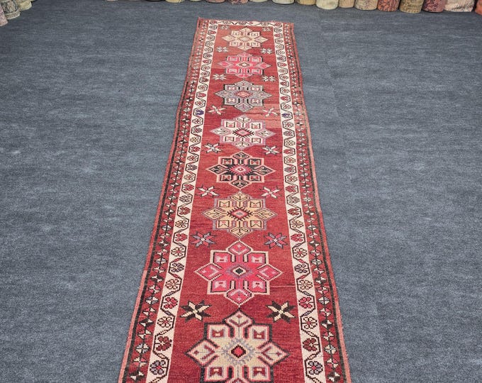 3x13 Vintage Turkish Oushak Wool Runner, Red Geometric Hallway Rug (2'11" x 12'8")