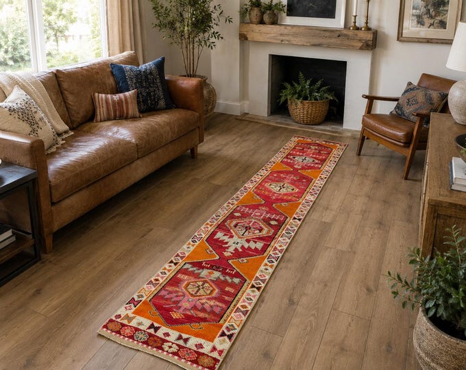 2x13 Vintage Turkish Runner Rug, Handmade Wool Red Tribal Anatolian Hallway Carpet (2' x 13'4")
