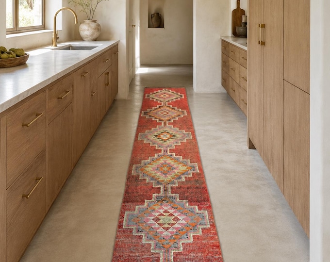 3x11 Vintage Turkish Runner Rug, Red Wool, Hand-Knotted Anatolian Geometric Medallion