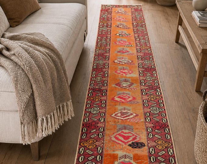 3x13 Vintage Turkish Runner Rug, Hand-Knotted Wool, Orange Red Anatolian Hallway